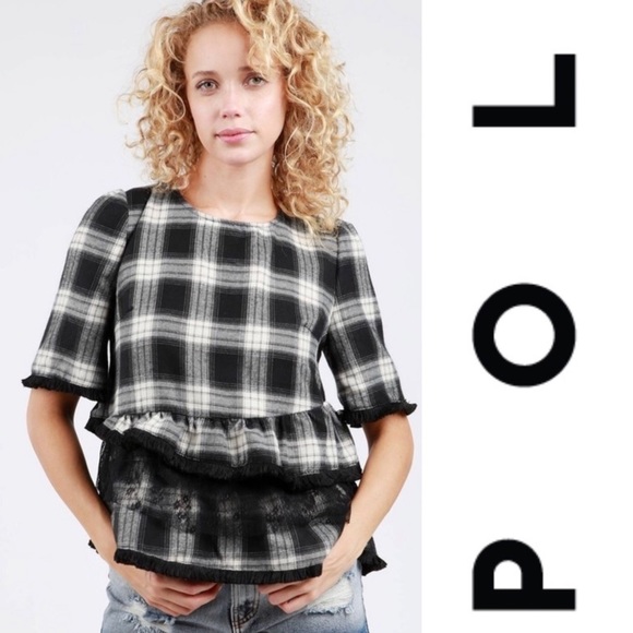 POL Tops - POL Plaid  top with Back lace-up detail